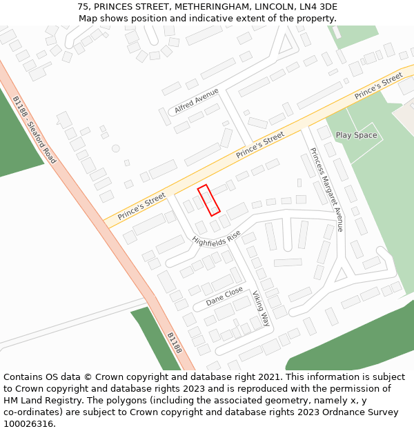 75, PRINCES STREET, METHERINGHAM, LINCOLN, LN4 3DE: Location map and indicative extent of plot