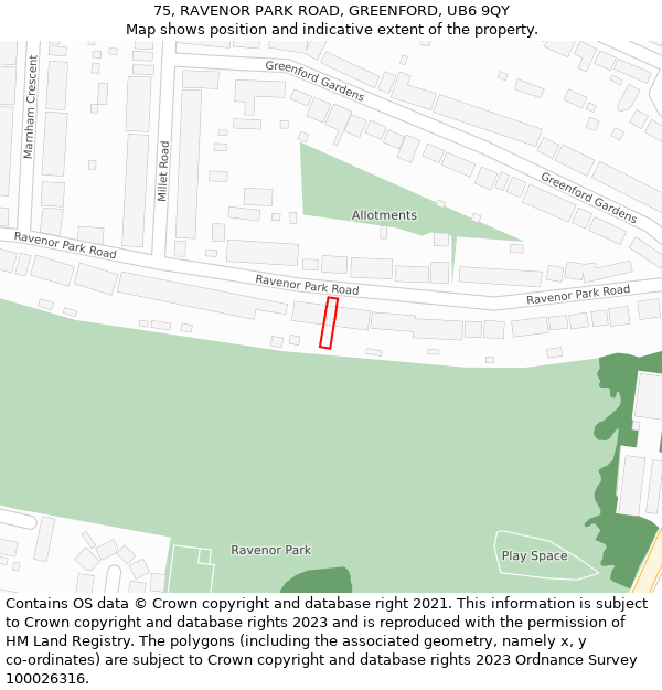 75, RAVENOR PARK ROAD, GREENFORD, UB6 9QY: Location map and indicative extent of plot