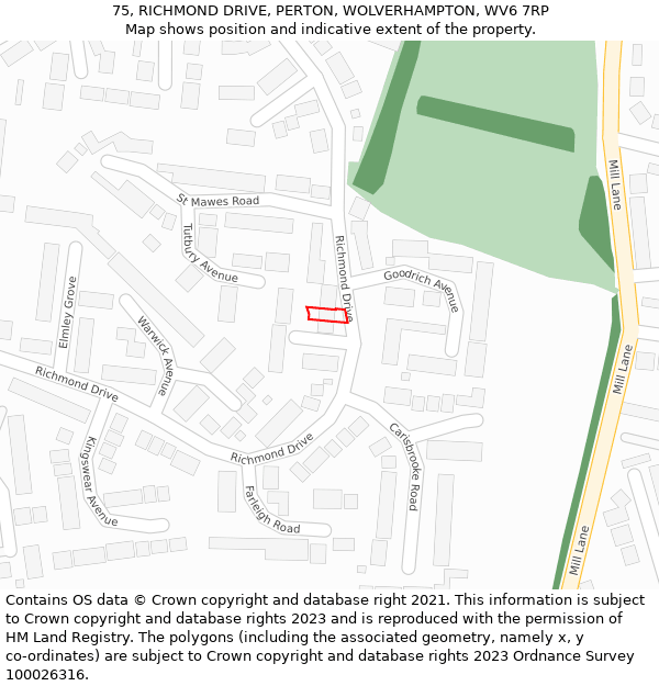 75, RICHMOND DRIVE, PERTON, WOLVERHAMPTON, WV6 7RP: Location map and indicative extent of plot