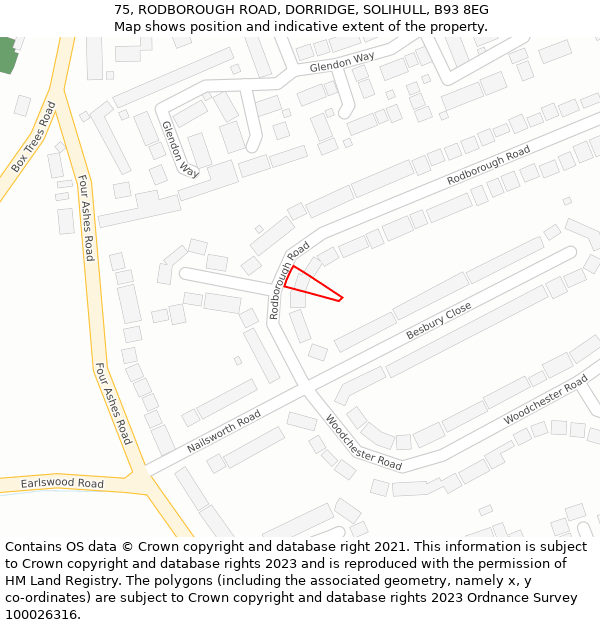 75, RODBOROUGH ROAD, DORRIDGE, SOLIHULL, B93 8EG: Location map and indicative extent of plot