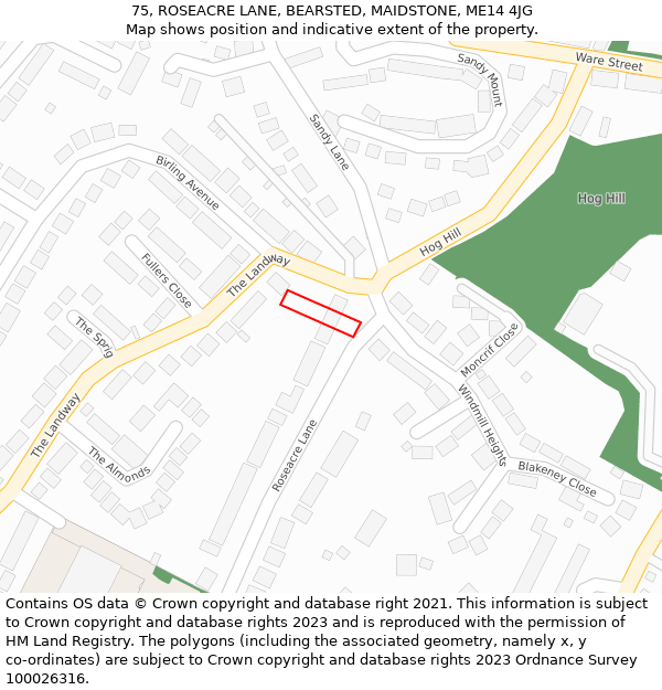 75, ROSEACRE LANE, BEARSTED, MAIDSTONE, ME14 4JG: Location map and indicative extent of plot