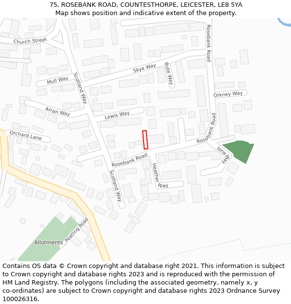 75, ROSEBANK ROAD, COUNTESTHORPE, LEICESTER, LE8 5YA: Location map and indicative extent of plot