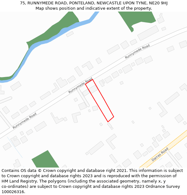 75, RUNNYMEDE ROAD, PONTELAND, NEWCASTLE UPON TYNE, NE20 9HJ: Location map and indicative extent of plot