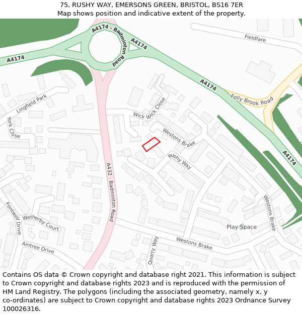 75, RUSHY WAY, EMERSONS GREEN, BRISTOL, BS16 7ER: Location map and indicative extent of plot