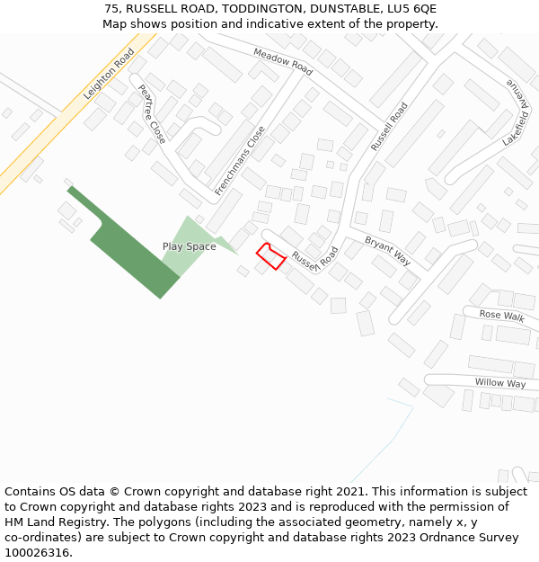 75, RUSSELL ROAD, TODDINGTON, DUNSTABLE, LU5 6QE: Location map and indicative extent of plot