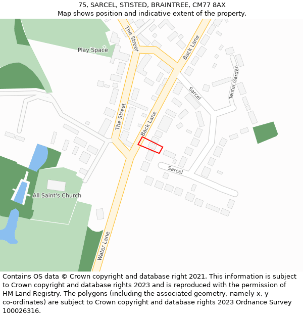 75, SARCEL, STISTED, BRAINTREE, CM77 8AX: Location map and indicative extent of plot