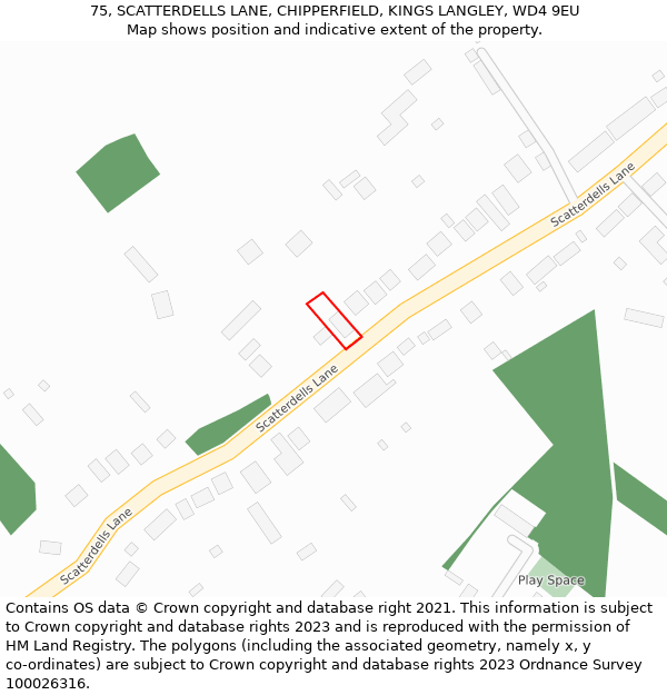 75, SCATTERDELLS LANE, CHIPPERFIELD, KINGS LANGLEY, WD4 9EU: Location map and indicative extent of plot