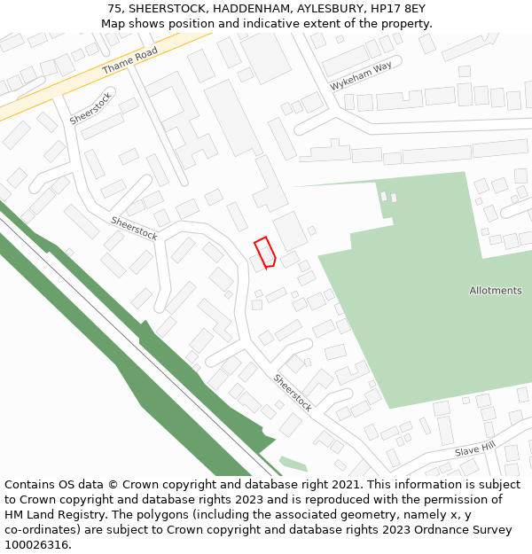 75, SHEERSTOCK, HADDENHAM, AYLESBURY, HP17 8EY: Location map and indicative extent of plot