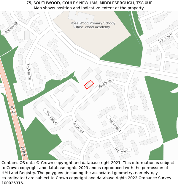 75, SOUTHWOOD, COULBY NEWHAM, MIDDLESBROUGH, TS8 0UF: Location map and indicative extent of plot