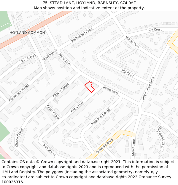 75, STEAD LANE, HOYLAND, BARNSLEY, S74 0AE: Location map and indicative extent of plot