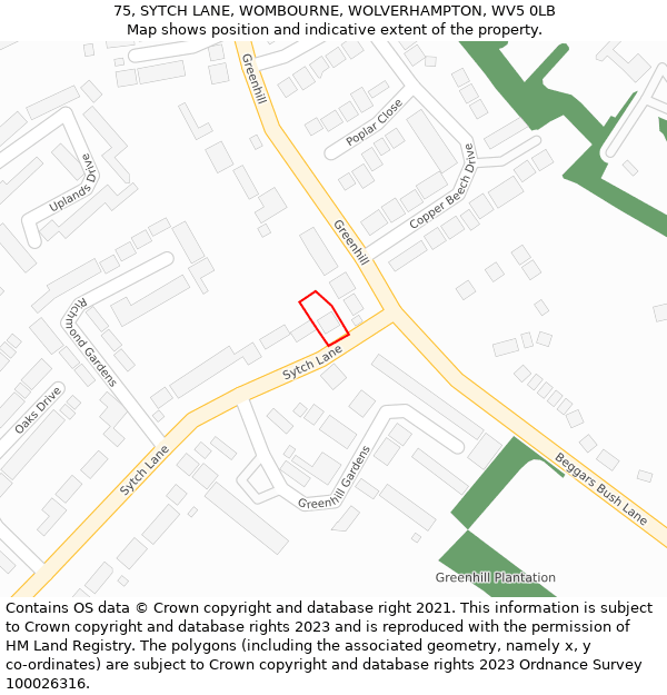 75, SYTCH LANE, WOMBOURNE, WOLVERHAMPTON, WV5 0LB: Location map and indicative extent of plot
