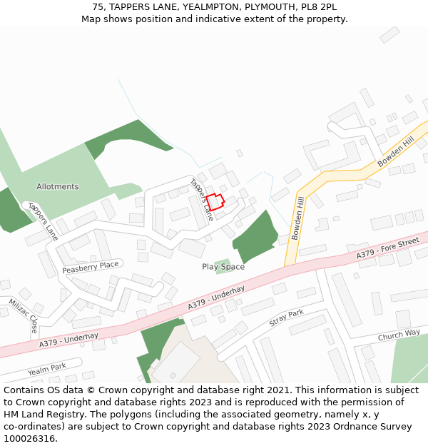 75, TAPPERS LANE, YEALMPTON, PLYMOUTH, PL8 2PL: Location map and indicative extent of plot