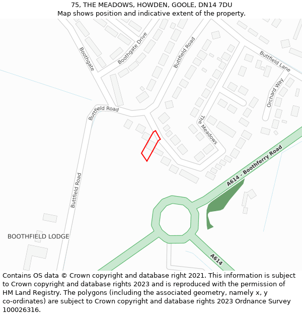 75, THE MEADOWS, HOWDEN, GOOLE, DN14 7DU: Location map and indicative extent of plot