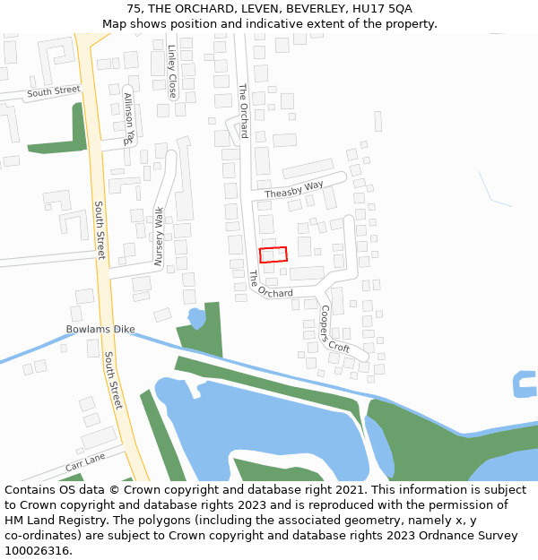 75, THE ORCHARD, LEVEN, BEVERLEY, HU17 5QA: Location map and indicative extent of plot