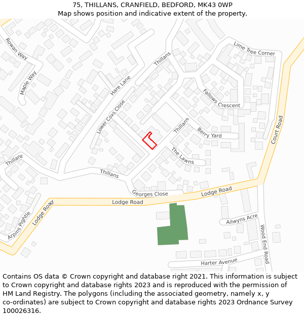 75, THILLANS, CRANFIELD, BEDFORD, MK43 0WP: Location map and indicative extent of plot