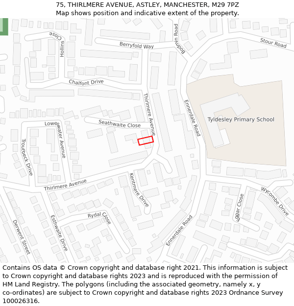 75, THIRLMERE AVENUE, ASTLEY, MANCHESTER, M29 7PZ: Location map and indicative extent of plot