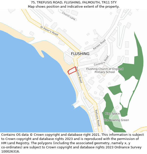 75, TREFUSIS ROAD, FLUSHING, FALMOUTH, TR11 5TY: Location map and indicative extent of plot