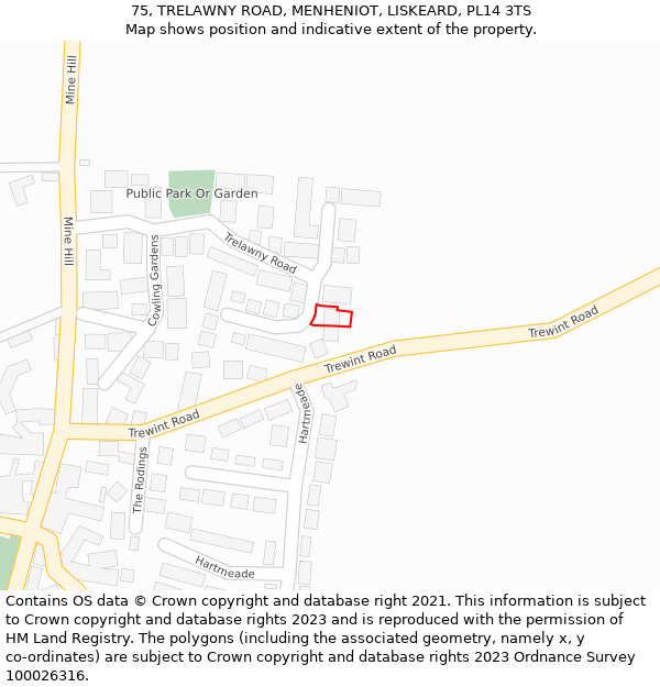 75, TRELAWNY ROAD, MENHENIOT, LISKEARD, PL14 3TS: Location map and indicative extent of plot