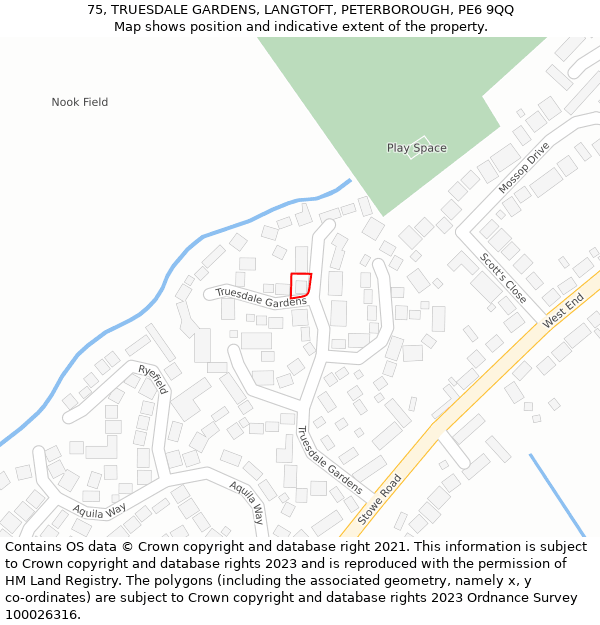 75, TRUESDALE GARDENS, LANGTOFT, PETERBOROUGH, PE6 9QQ: Location map and indicative extent of plot