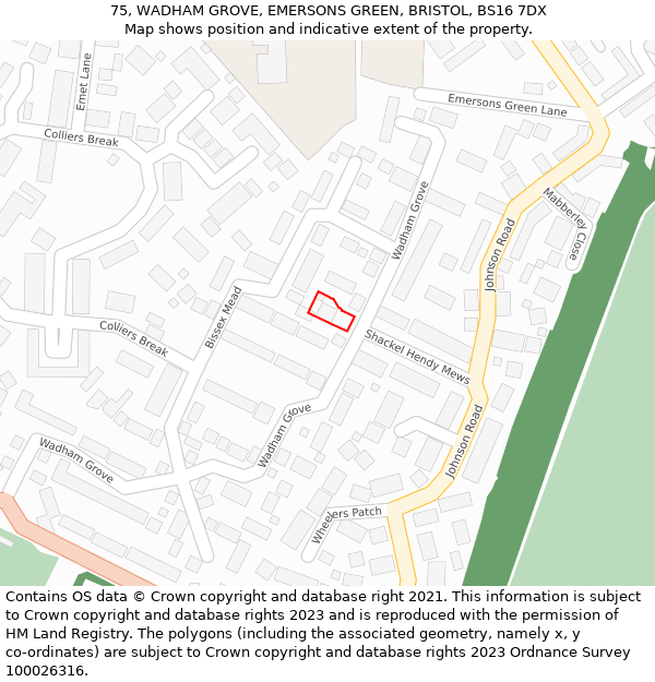 75, WADHAM GROVE, EMERSONS GREEN, BRISTOL, BS16 7DX: Location map and indicative extent of plot