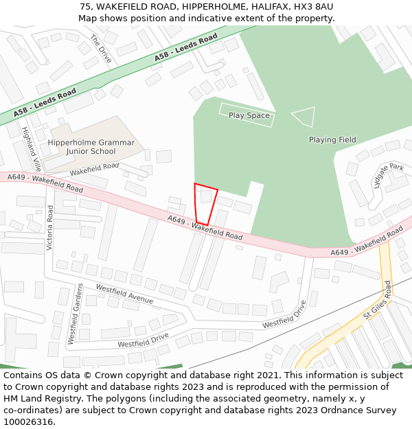 75, WAKEFIELD ROAD, HIPPERHOLME, HALIFAX, HX3 8AU: Location map and indicative extent of plot