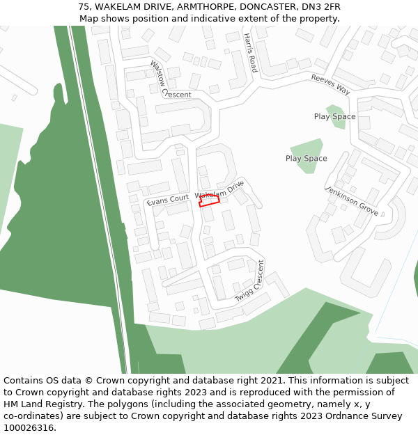 75, WAKELAM DRIVE, ARMTHORPE, DONCASTER, DN3 2FR: Location map and indicative extent of plot