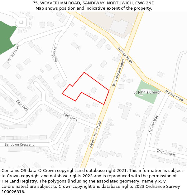 75, WEAVERHAM ROAD, SANDIWAY, NORTHWICH, CW8 2ND: Location map and indicative extent of plot