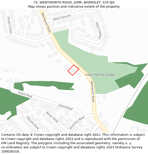 75, WENTWORTH ROAD, JUMP, BARNSLEY, S74 0JX: Location map and indicative extent of plot