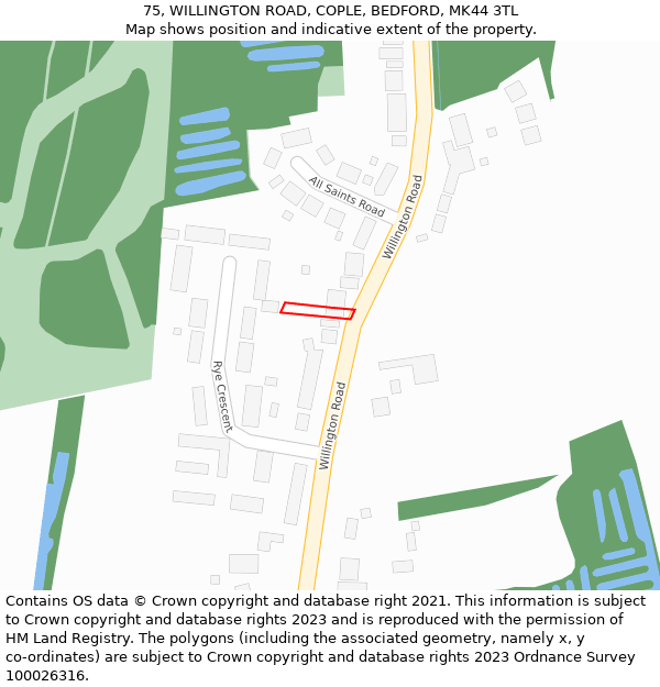 75, WILLINGTON ROAD, COPLE, BEDFORD, MK44 3TL: Location map and indicative extent of plot