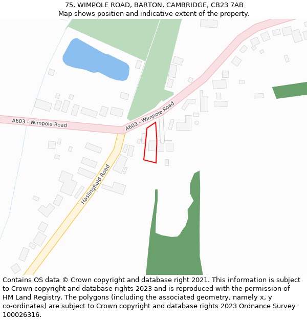 75, WIMPOLE ROAD, BARTON, CAMBRIDGE, CB23 7AB: Location map and indicative extent of plot