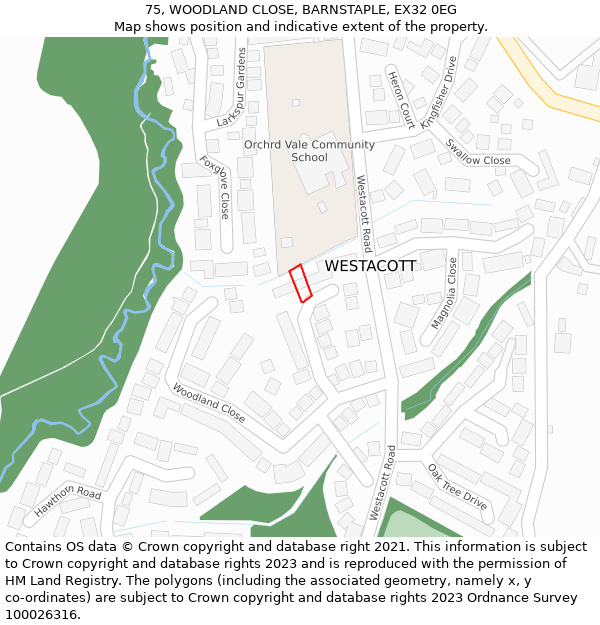 75, WOODLAND CLOSE, BARNSTAPLE, EX32 0EG: Location map and indicative extent of plot