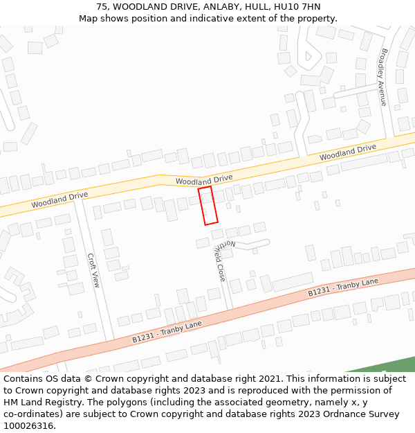 75, WOODLAND DRIVE, ANLABY, HULL, HU10 7HN: Location map and indicative extent of plot