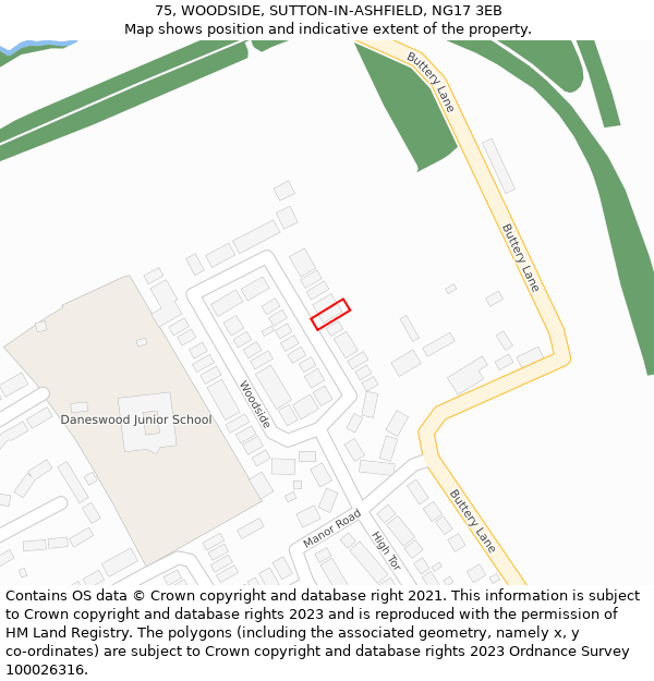 75, WOODSIDE, SUTTON-IN-ASHFIELD, NG17 3EB: Location map and indicative extent of plot