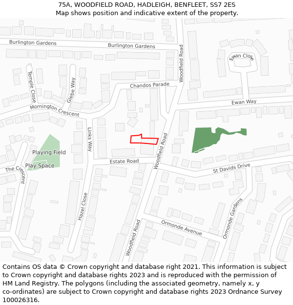 75A, WOODFIELD ROAD, HADLEIGH, BENFLEET, SS7 2ES: Location map and indicative extent of plot