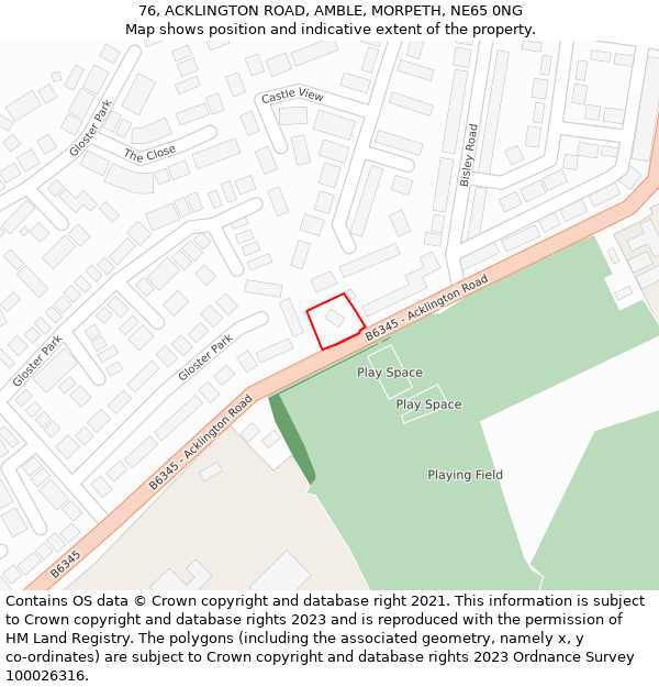 76, ACKLINGTON ROAD, AMBLE, MORPETH, NE65 0NG: Location map and indicative extent of plot