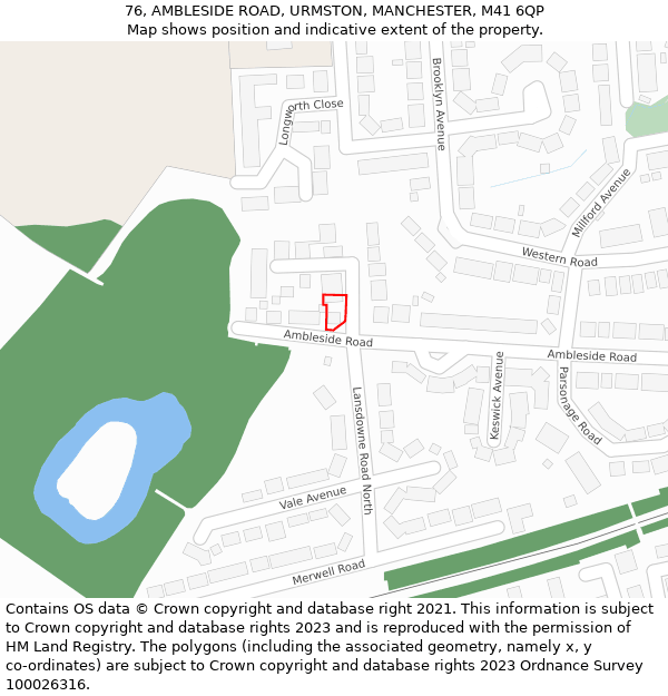 76, AMBLESIDE ROAD, URMSTON, MANCHESTER, M41 6QP: Location map and indicative extent of plot