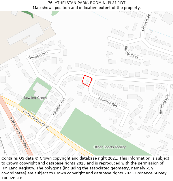 76, ATHELSTAN PARK, BODMIN, PL31 1DT: Location map and indicative extent of plot