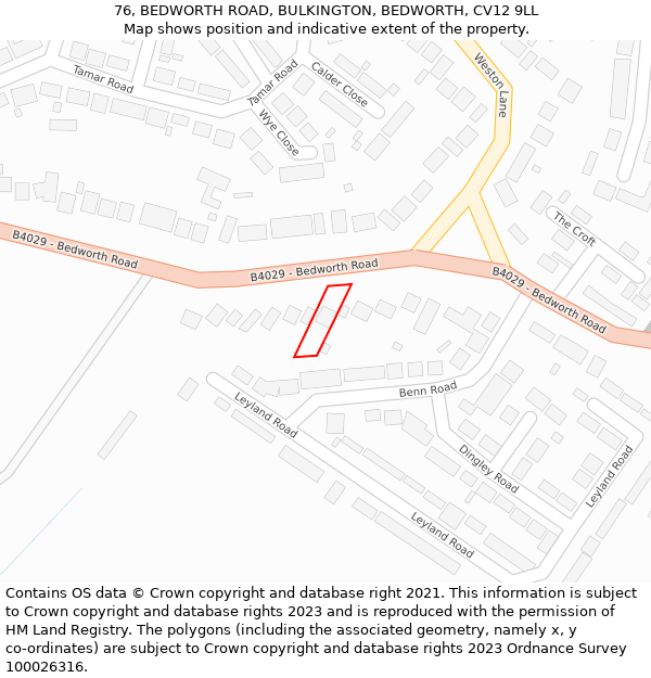 76, BEDWORTH ROAD, BULKINGTON, BEDWORTH, CV12 9LL: Location map and indicative extent of plot