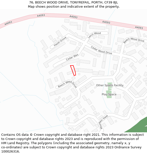 76, BEECH WOOD DRIVE, TONYREFAIL, PORTH, CF39 8JL: Location map and indicative extent of plot