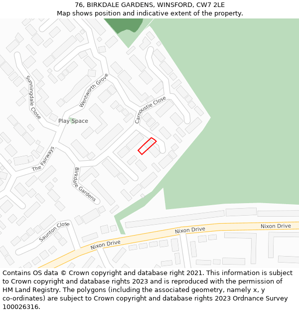 76, BIRKDALE GARDENS, WINSFORD, CW7 2LE: Location map and indicative extent of plot