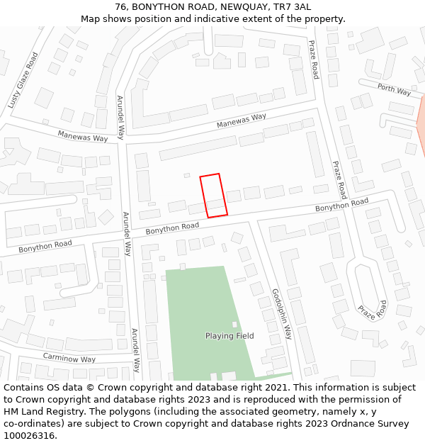 76, BONYTHON ROAD, NEWQUAY, TR7 3AL: Location map and indicative extent of plot