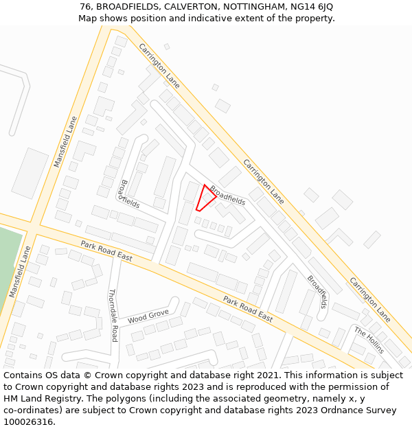 76, BROADFIELDS, CALVERTON, NOTTINGHAM, NG14 6JQ: Location map and indicative extent of plot