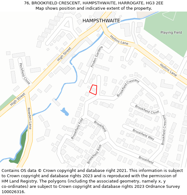 76, BROOKFIELD CRESCENT, HAMPSTHWAITE, HARROGATE, HG3 2EE: Location map and indicative extent of plot