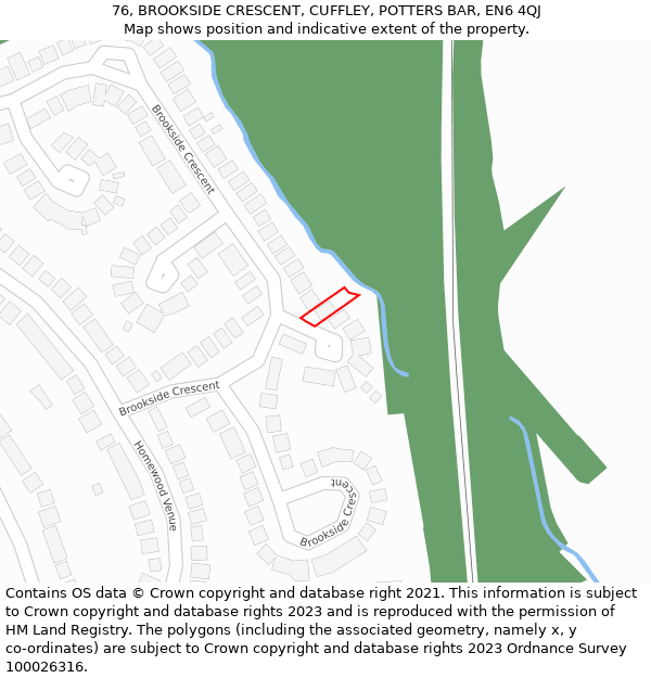 76, BROOKSIDE CRESCENT, CUFFLEY, POTTERS BAR, EN6 4QJ: Location map and indicative extent of plot