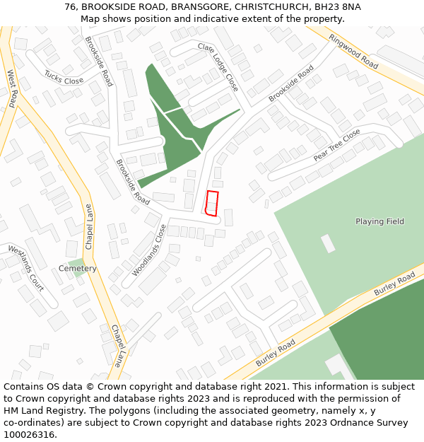 76, BROOKSIDE ROAD, BRANSGORE, CHRISTCHURCH, BH23 8NA: Location map and indicative extent of plot