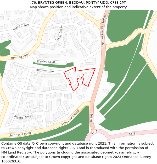 76, BRYNTEG GREEN, BEDDAU, PONTYPRIDD, CF38 2PT: Location map and indicative extent of plot