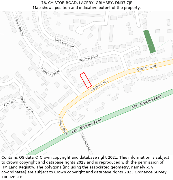 76, CAISTOR ROAD, LACEBY, GRIMSBY, DN37 7JB: Location map and indicative extent of plot