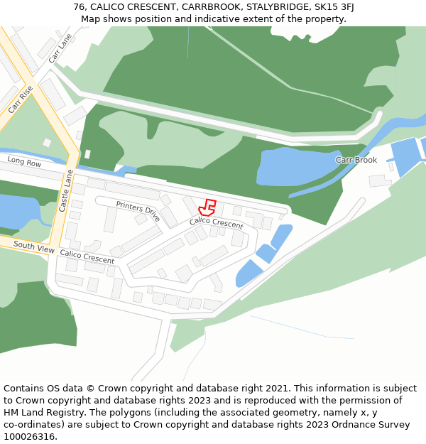 76, CALICO CRESCENT, CARRBROOK, STALYBRIDGE, SK15 3FJ: Location map and indicative extent of plot