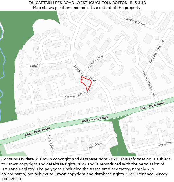 76, CAPTAIN LEES ROAD, WESTHOUGHTON, BOLTON, BL5 3UB: Location map and indicative extent of plot