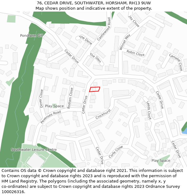 76, CEDAR DRIVE, SOUTHWATER, HORSHAM, RH13 9UW: Location map and indicative extent of plot